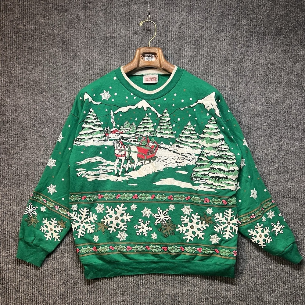 Vintage‎ Nutcracker Shirt Mens Small Green AOP Christmas Tree Santa Long Sleeve